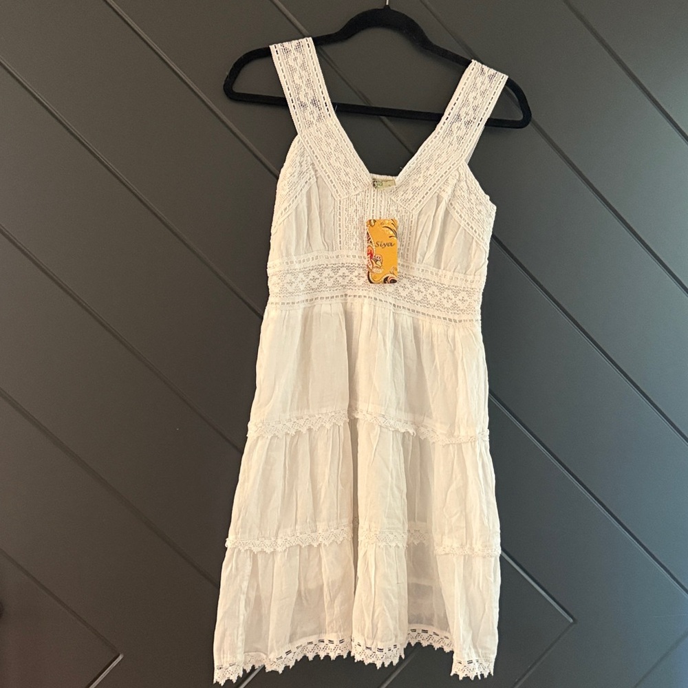 White Lace 100% Cotton Tiered Boho Sundress Made in India - Picture 2 of 8